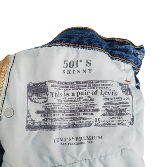 Levi's 501 Skinny Premium Jeans Big "E" Denim Blue Wash Distressed Size 30 hi Ri - Picture 10 of 16